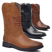 economico Stivali da cowboy e occidentali-stivali da lavoro da cowboy da uomo con bandiera americana in rilievo - stivali western in similpelle marrone resistente con suola robusta per abbigliamento casual e all&#039;aperto