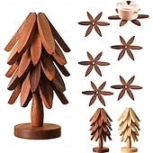 abordables Décoration de Table et de Salle à Manger-ensemble de dessous de plat en bois naturel, 3/4/5 dessous de plat en bois &amp;1 support comme un sapin de Noël, dessous de plat de cuisine pliable naturel pour casseroles, poêles, bols &amp;théières