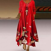 preiswerte Druck Blumen Kleider-Damen Langes Kleid Maxikleid Freizeitkleid Druckkleid Elegant Mode Klassisch Outdoor Urlaub Ferien Normale Passform Blume Langarm V Ausschnitt Rote Frühling Herbst