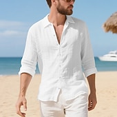 preiswerte Baumwoll-Leinenhemd-Herren Hemd Leinenhemd Freizeithemd Knopfhemd Baumwollhemd Einfach Urlaub Hawaiianisch Schwarz Weiß Gelb Marineblau Langarm Revers Frühling Herbst Bekleidung