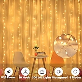 お買い得  USB電源-1個 カーテンライト 300 LEDs ウィンドウストリングライト 結婚式パーティー装飾、暖白