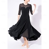 abordables Salón de Baile Estándar-Women's Black Ballroom Dance Dress with Sheer , Flared Skirt, and Heart-Shaped Bodice - Ideal for Latin, Salsa, and Social Dance Performances