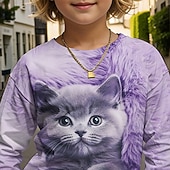 billiga Pojkens 3D-djur-Pojkar 3D Katt T-shirt Långärmad Vår Höst Mode Grundläggande Barn 4-12 år Rund hals Utomhus Ledigt Dagligen Normal