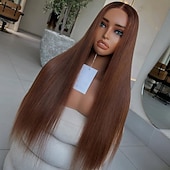 economico Parrucche lace front capelli veri-Parrucche brasiliane 100% vergini Remy con chiusura in pizzo 5x5 senza colla, parrucca frontale in pizzo 13x4 con capelli umani, parrucca castana liscia come l&#039;osso, attaccatura dei capelli naturale,