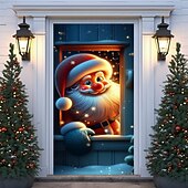 Christmas Door Cover Winter Holiday Curtain Decoration Festive Drapes Featuring Santa Claus Sitting On Window Sill With Merry Christmas Print Large Fabric Panel For Home Living Room Bedroom Entryway D4
