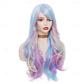 お買い得  パーティーウィッグ-Rugelyss レインボー カラフルウィッグ 女性用 26インチ ウェーブ ファッション 合成フルヘッドヘアウィッグ 前髪付き コスプレやパーティーに最適