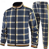 billiga Herrars 3D-tröjset-Herr Rutig Geometrisk 2st 3D-tröja set Träningsoverall Zip Up sweatshirts Långärmad Långa byxor Hög krage Sportig Utomhus Semester Sport Tryckt Dragkedja Vår Höst Grå Marinblå Ljusblå