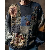 Men's Pullover Sweater Jumper Knit Sweater Ribbed Knit Regular Tops Knitted Print Floral Print Crew Neck Vintage Country Vacation Daily Wear Clothing Apparel Fall Winter Blue S M L4