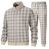 billiga Herrars 3D-tröjset-Herr Rutig Geometrisk 2st 3D-tröja set Träningsoverall Zip Up sweatshirts Långärmad Långa byxor Hög krage Ledigt vardag Utomhus Semester Sport Dragkedja 3D-utskrift Vår Höst Mörkbrun Brun Aprikos