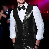 economico Abiti da festa-gilet da uomo con scollo a V, tinta unita, nero, argento e oro, vestibilità su misura