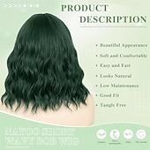 tanie Peruki imprezowe-ciemnozielona peruka z grzywką, 14-calowa peruka typu bob z grzywką, krótka, zielona peruka do codziennego użytku na imprezy