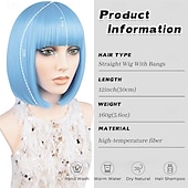 baratos Perucas de festa-Peruca bob azul com franja curta e reta, peruca de cabelo sintético de 12 polegadas com aparência natural para uso diário em festas # azul bebê