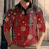 billiga Julgransoutfit-Jul Herr Lyktor Polo Långärmad Polotröjor Kavajslag Ledigt Utomhus Gata Fritids- Festival outfit 3D-utskrift Knappar Vår Höst Vinter Rubinrött Purpur Grön