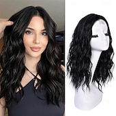 economico Parrucche da festa-Parrucche corte ondulate per donna, parrucca nera a caschetto, capelli sintetici dall&#039;aspetto naturale, riga centrale frontale in pizzo, per acconciature quotidiane da 18 pollici