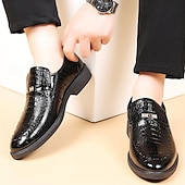 cheap Loafers-Men's Black Crocodile Pattern Loafers – Faux Leather Slip-On Dress Shoes with Glossy Finish, Elegant Business and Formal Party Footwear
