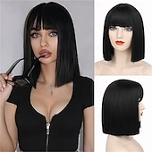 tanie Peruki imprezowe-Fioletowa peruka typu bob z grzywką, krótka, prosta, ciemnofioletowa peruka typu bob dla kobiet, do ramion, syntetyczna, odporna na ciepło, z płaską grzywką, na co dzień, na imprezę, cosplay,