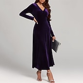preiswerte abendkleider-Damen Midikleid Samtkleid Cocktailkleid Elegant Mode Modern Outdoor Party Party-Abendmode Normale Passform Einfach Langarm V Ausschnitt Schwarz Wein Blau Purpur Frühling Herbst