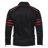 cheap Faux Leather Jackets-Men's Faux Leather Jacket Fleece Jacket Biker Jacket Motorcycle Jacket Vacation Daily Windproof Warm Patchwork Pocket Fall Winter Stripes Fashion Classic Stand Collar Regular Black Jacket