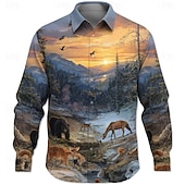 Недорогие Винтажная рубашка-Муж. Животное Животные Природа и пейзажи Рубашка Кнопка рубашка Длинный рукав Этнический Винтаж Ретро на открытом воздухе Отдых и туризм Для охоты Весна Осень Отложной 3D печать Рубашка из льна Синий