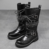 cheap Biker Boots-Men's Punk Gothic Combat Boots – Black Lace-Up Mid-Calf Boots with Buckle Straps, Spiked Studs, and Heavy Duty Sole for Halloween, Cosplay and Nightlife Parties