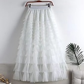 abordables Jupes de Fête-Femmes Jupe Trapèze Élégant Mode Occasionnel Maxi Taille haute Jupes Uni Superposé Micro-Élastique Soirée Rue Vin Noir Blanche Rose Printemps Chiffon Tulle