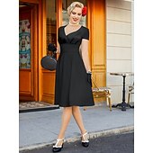 abordables Dresses-1950s Retro Vintage Midi Dress Swing Dress Flare Dress Solid Color Fit &amp; Flare V Neck Fancy Dress Women's Halloween Carnival Valentine's Day Casual Homecoming Retro Theme Party Adults' Dress Spring