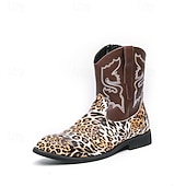 tanie Kowboj i zachodnie buty-Kowbojskie buty męskie z nadrukiem w panterkę – egzotyczne, skórzane buty w stylu western do połowy łydki, idealne na rodeo, występy sceniczne i modowe imprezy