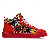 お買い得  カジュアルスニーカー-大胆なデザインのメンズの赤と白のグラフィックハイトップスニーカー。カジュアルな外出、パーティー、普段使いにぴったりのトレンディなストリートスタイル。