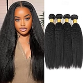 abordables 4 paquets extensions cheveux humains-Extensions de cheveux brésiliens lisses Yaki de 25 à 76 cm, lot de 4, noir naturel, pour femmes