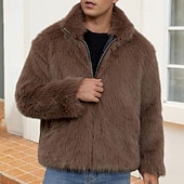 levne Pánské bundy a kabáty-Pánské Neformální bunda Kabát z umělé kožešiny Dovolená Denní Zahřívací Plyš Podzim Zima Bez vzoru Módní Šik ven Stojáček Standardní Černá Bílá Žlutá Královská modř Velbloudí Saka