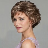 tanie starsza peruka-damska krótka brązowa peruka warstwowa z grzywką, naturalnie wyglądająca, realistyczne włosy syntetyczne, odporna na ciepło, falowana, elegancka, do codziennego noszenia, w modnym stylu