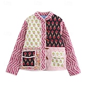 billiga Quiltade pufferjackor-Dam Pufferjacka Quiltad jacka Vardaglig jacka Bekväm Andningsfunktion Ficka Knappar Ledigt Blommig Semester Gata Ledigt Dagliga kläder Enkelknäppt Kort Hög krage Normal Långärmad Ytterkläder Gul