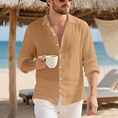 preiswerte Baumwoll-Leinenhemd-Herren Hemd Leinenhemd Freizeithemd Knopfhemd Baumwollhemd Einfach Urlaub Hawaiianisch Schwarz Weiß Gelb Marineblau Langarm Revers Frühling Herbst Bekleidung