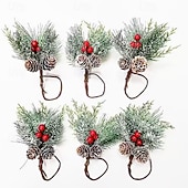 abordables Couronnes, Guirlandes &amp; Décorations-Lot de 6 décorations de table de Noël, ronds de serviette, pommes de pin en cèdre avec baies rouges, accessoires de table de fête pour le dîner de Noël