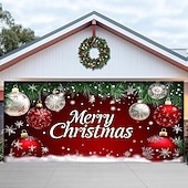abordables Housses de porte de garage de Noël-Housse de porte de garage de Noël 2025 Noël avec un grand nœud rouge et une guirlande de pins verts bannière de fond décorative pour le garage extérieur pendant les vacances d&#039;hiver