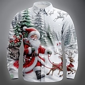 billiga Jultomtens outfit-Jul Herr jultomten Ren Julkostym Skjorta Knapp upp skjorta Långärmad Rolig Utomhus Helgdag Vår Höst Nedvikt 3D-utskrift Linne som skjorta Vit 1 Blå 2# Blå 1# Vit Vit 2
