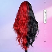 baratos Perucas Sintéticas com Renda-Peruca sintética Ondulado Estilo 28 polegada Multi Cores Parte do meio Parte U Peruca Mulheres Peruca Preto / Vermelho