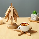 abordables Décoration de Table et de Salle à Manger-ensemble de dessous de plat en bois naturel, 3/4/5 dessous de plat en bois &amp;1 support comme un sapin de Noël, dessous de plat de cuisine pliable naturel pour casseroles, poêles, bols &amp;théières