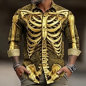 voordelige Halloween T-shirts-Halloween Voor heren 3D Print Skelet Overhemd Overhemd met knopen Lange mouw Donkere punkgotiek Buiten Feestdagen Zomer Lente Strijkijzer 3D-afdrukken shirts met kraag Goud Bruin Groen Grijs