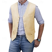 economico Gilet da uomo-Per uomo Gilet Vacanza Feste Affari Moda Casual Primavera Autunno Tasca Bottoni 75% cotone Confortevole Semplice Monopetto Un Bottone Scollo a V Vestibilità regolare Argento Nero Bianco Champagne