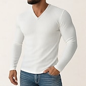 preiswerte Geripptes Strick-T-Shirt-Herren T Shirt Geripptes Strick-T-Shirt T-Shirt Langarmshirt Langarm V Ausschnitt Frühling Herbst Winter Einfach Grubenstreifen Mode Designer Basic Stricken Urlaub Straße Lässig Schwarz Weiß Violett