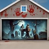 Halloween Garage Door Cover Skull Coffin and Spider Web Banner Haunted House Horror Scene Spooky Backdrop Tapestry for Outdoor Wall Fence Yard Halloween Party Decoration