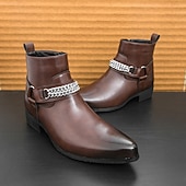 levne Dámské boty-Pánské hnědé chelsea boty z umělé kůže s řetízkovým akcentem, elegantní a moderní vzhled pro formální kancelářské oblečení, večírky a večerní vycházky.