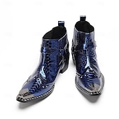 cheap Premium Leather Boots-Men's Premium Cowhide Blue Croc Pattern Leather Chelsea Boots, Stylish Harley Motorcycle Boots for Rock Concerts, Parties, Nightclub Fashion and Stage Wear