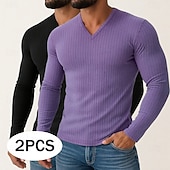 abordables T-shirt en tricot côtelé-Homme T-shirt Débardeur Musclé T-shirt en tricot côtelé Chemise à Manches Longues manche longue Col en V Printemps Automne Hiver Uni Bande de Fosse Mode Designer Basique 2 pièces Tricot Pack multiple