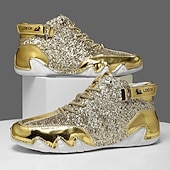 Недорогие Мужские ботинки-Мужские высокие кроссовки золотисто-белого цвета с блестящей отделкой — стильные и смелые, идеально подходят для вечеринок, модных вечеров и модных образов