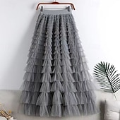 abordables Jupes de Fête-Femmes Jupe Trapèze Élégant Mode Occasionnel Maxi Taille haute Jupes Uni Superposé Micro-Élastique Soirée Rue Vin Noir Blanche Rose Printemps Chiffon Tulle
