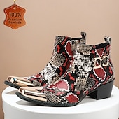 メンズの赤と黒のヘビ柄レザーブーツ - 結婚式、ギャツビーパーティー、イブニングドレスに最適な、メタルキャップ付きのエキゾチックな尖ったつま先アンクルブーツ お買い得  プレミアムレザーブーツ-メンズの赤と黒のヘビ柄レザーブーツ - 結婚式、ギャツビーパーティー、イブニングドレスに最適な、メタルキャップ付きのエキゾチックな尖ったつま先アンクルブーツ