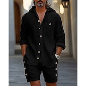 abordables Conjuntos de camisetas de hombre-Hombre Camisa de lino Trajes de camiseta Trajes de 2 piezas Camiseta y pantalones cortos Manga Larga Con Capucha Verano Primavera Plano Moda Casual 2 Piezas Abotonar Vacaciones Ropa Cotidiana Noche