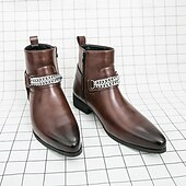 levne Dámské boty-Pánské hnědé chelsea boty z umělé kůže s řetízkovým akcentem, elegantní a moderní vzhled pro formální kancelářské oblečení, večírky a večerní vycházky.